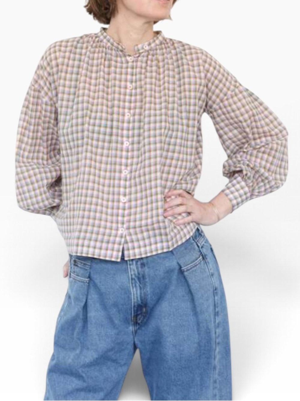 Moismont "Viviane" Pink/Blue "Nagpur Pop Pink" Plaid Button-Front Cotton Shirt M